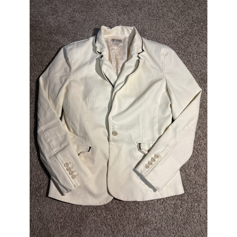 Michael Michael Kors Ivory Cotton Blazer Leather Trim‎ Buckle Detail Cream Sz 6